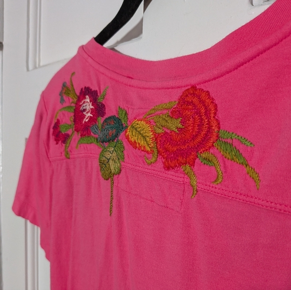 Johnny Was Pink Floral Embroidered Short Sleeve T Shirt - Picture 5 of 5